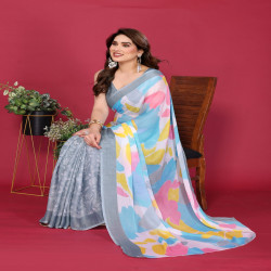 Pastel Bloom Soft Chiffon Printed Saree with Running Blouse